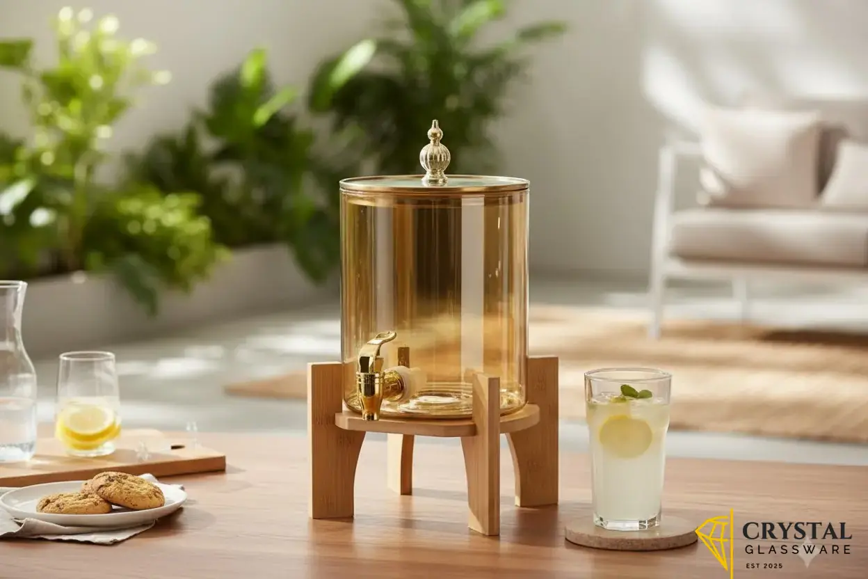 Golden Glass Beverage Dispensers with Stand — Crystal Glassware Pakistan